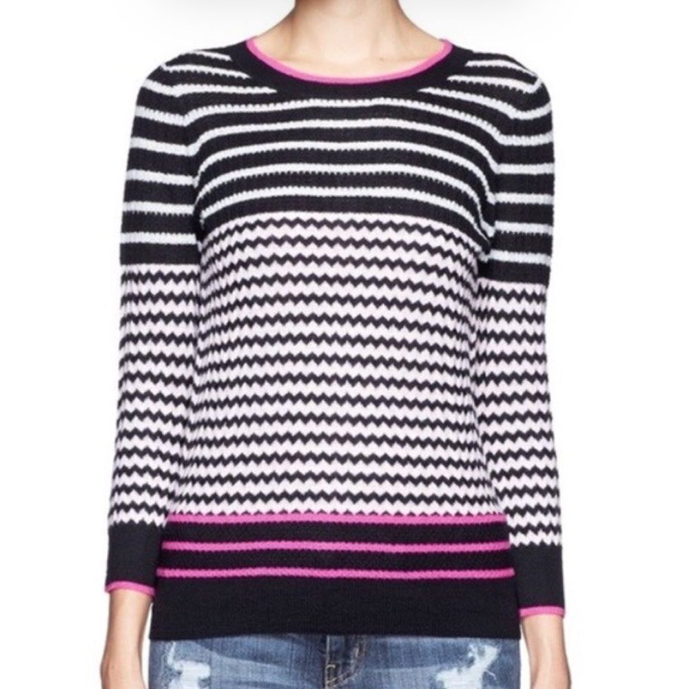 J. Crew Black and Pink 100% Merino wool Striped Sweater small new with tags